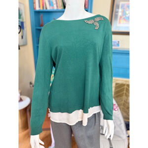 Charter Club Green & White Crew Neck Sweater XL